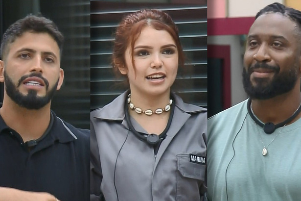 Jovan, Marina e Skova em pé na sala de convivência da Casa do Patrão pedindo votos para ficarem no programa