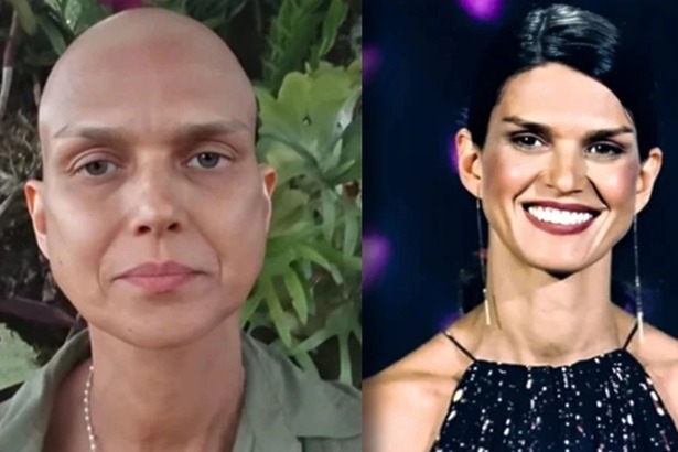 Karina Zeviani, careca e em trecho de sua apresentação no The Voice Brasil, em uma montagem