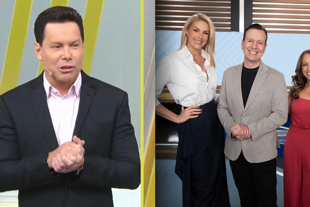 Marcão do Povo com semblante de revolta no cenário do Primeiro Impacto do SBT, dividindo tela com o trio de apresentadores do Hoje em Dia que estão sorridentes no cenário da RECORD