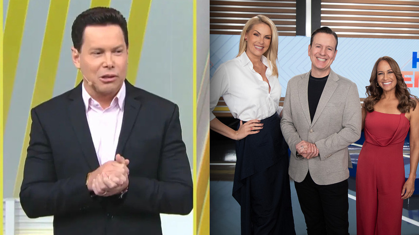 Marcão do Povo com semblante de revolta no cenário do Primeiro Impacto do SBT, dividindo tela com o trio de apresentadores do Hoje em Dia que estão sorridentes no cenário da RECORD