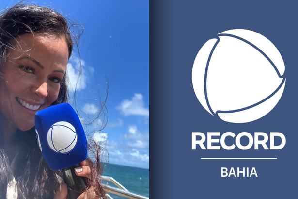 Mayara Padrão segura o microfone da RECORD durante reportagem pela manhã na beira mar. A montagem divide tela com o logo da Record Bahia