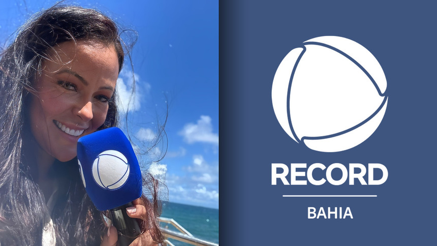 Mayara Padrão segura o microfone da RECORD durante reportagem pela manhã na beira mar. A montagem divide tela com o logo da Record Bahia
