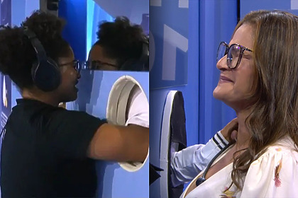 Milena consegue tocar em sua mãe apenas comas mãos. Um muro azul divide as duas no BBB 26