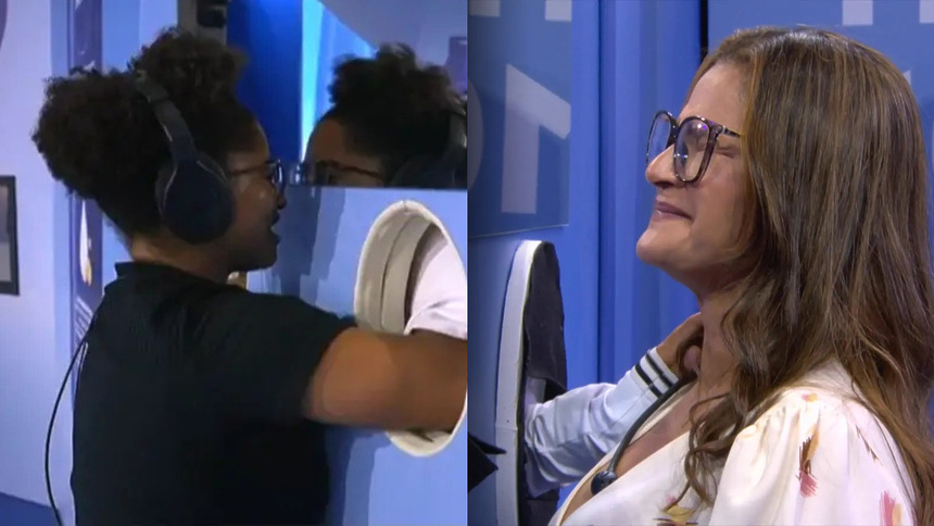 Milena consegue tocar em sua mãe apenas comas mãos. Um muro azul divide as duas no BBB 26