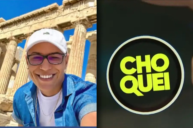 Raphael Sousa Oliveira sorridente em frente a uma muralha antiga em viagem internacional dividindo tela com o logo do Choquei