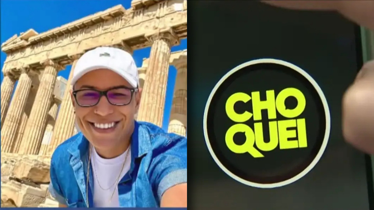 Raphael Sousa Oliveira sorridente em frente a uma muralha antiga em viagem internacional dividindo tela com o logo do Choquei