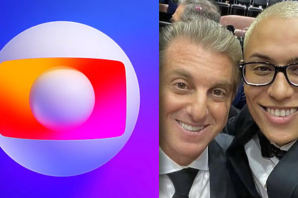 Logo da TV Globo em montagem ao lado de Luciano Huck e Raphael Sousa, dono da Choquei, sorridentes em selfie no Melhores do Ano