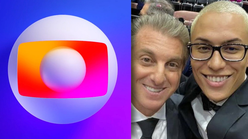 Logo da TV Globo em montagem ao lado de Luciano Huck e Raphael Sousa, dono da Choquei, sorridentes em selfie no Melhores do Ano