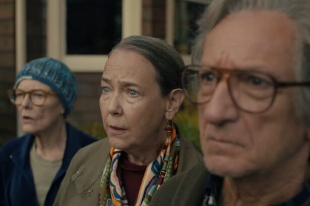 Três idosos olham para o horizonte assustados em cena do filme Nosso Amigo Extraordinário