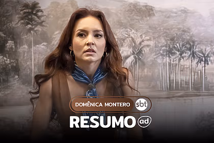 Domênica Montero olha assustada em um escritório na arte do resumo da novela Domênica Montero