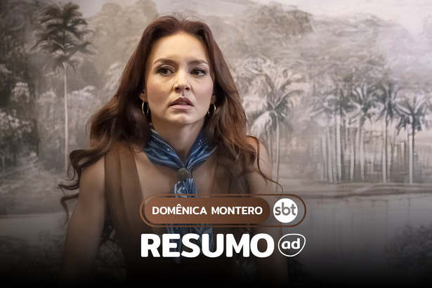 Domênica Montero olha assustada em um escritório na arte do resumo da novela Domênica Montero