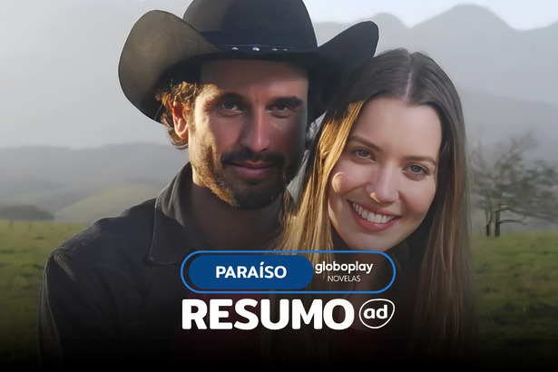 MARIA RITA (Nathalia Dill) e ZECA (Eriberto Leão) lado a lado e sorridentes na arte do resumo de Paraíso
