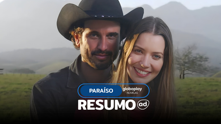 MARIA RITA (Nathalia Dill) e ZECA (Eriberto Leão) lado a lado e sorridentes na arte do resumo de Paraíso