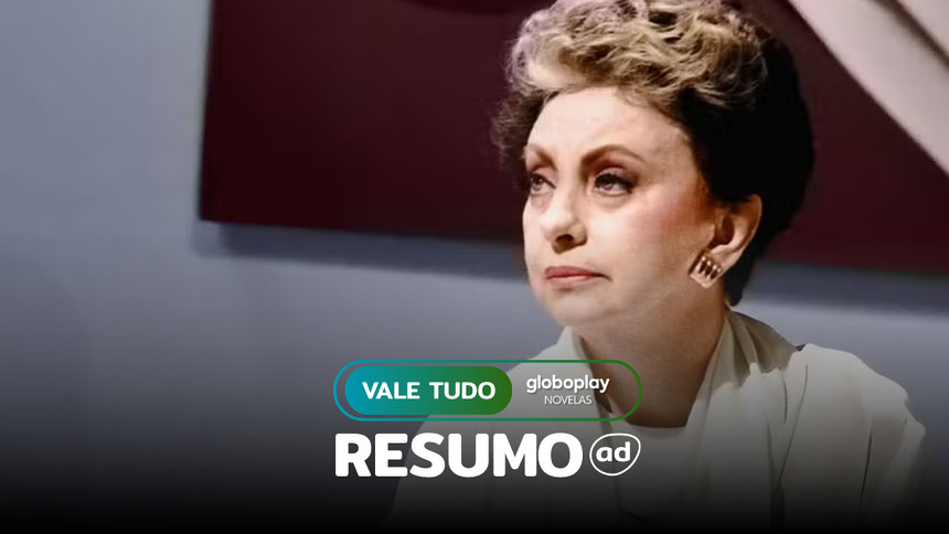 Odete Roitman com olhar sério na arte do resumo de Vale Tudo de 1988