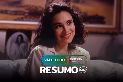 Raquel sorridente na arte do resumo de Vale Tudo 1988