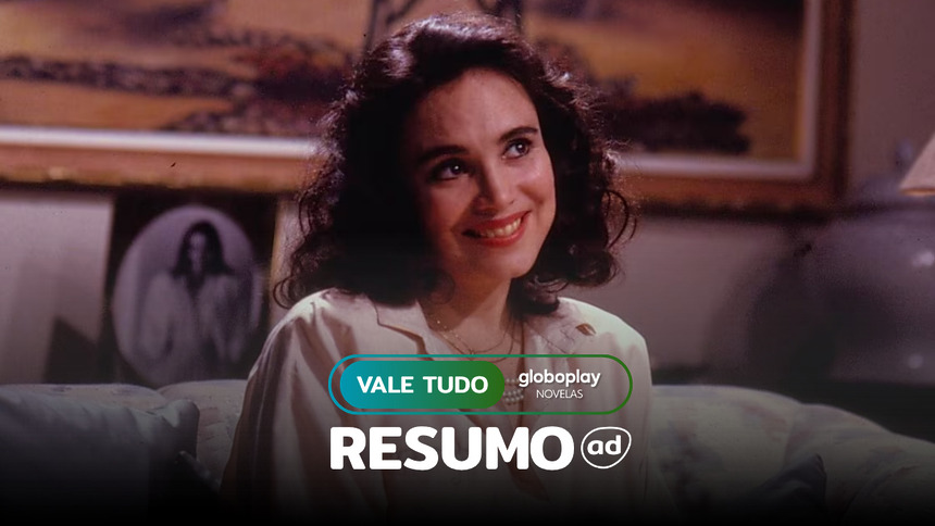 Raquel sorridente na arte do resumo de Vale Tudo 1988
