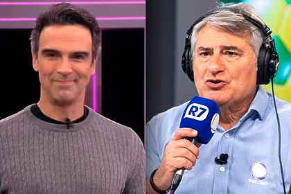 Tadeu Schmidt, no BBB 26, e Cleber Machado, em transmissão na RECORD, em uma montagem