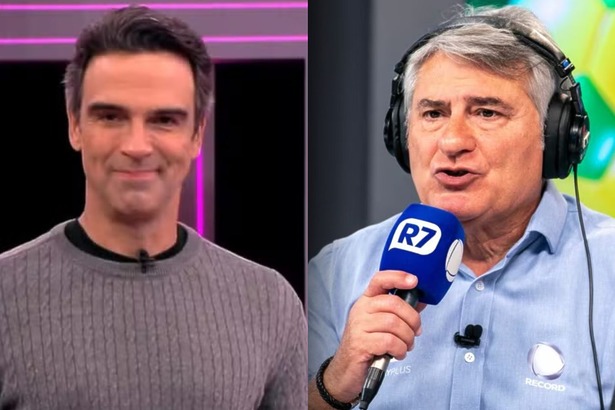 Tadeu Schmidt, no BBB 26, e Cleber Machado, em transmissão na RECORD, em uma montagem