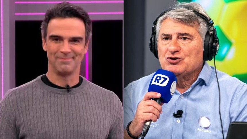 Tadeu Schmidt, no BBB 26, e Cleber Machado, em transmissão na RECORD, em uma montagem