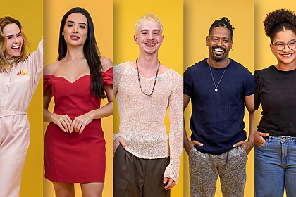 Ana Paula Renault, Jordana, Juliano Floss, Leandro e Milena sorridentes e lado a lado em fotos oficiais do BBB 26