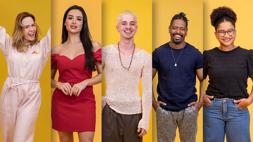 Ana Paula Renault, Jordana, Juliano Floss, Leandro e Milena sorridentes e lado a lado em fotos oficiais do BBB 26