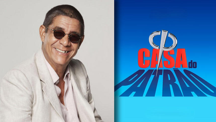 Zeca Padinho sorridente em montagem ao lado do logo da Casa do Patrão