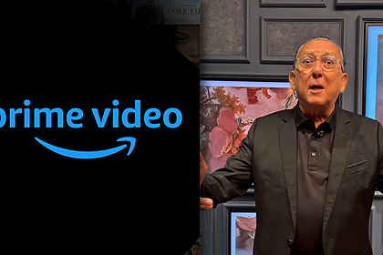 Montagem com o logo do Amazon Prime e Galvao Bueno com os olhos arregalados