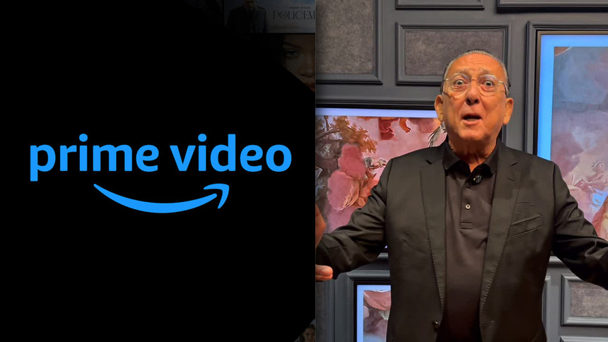 Montagem com o logo do Amazon Prime e Galvao Bueno com os olhos arregalados