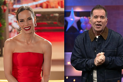 Ana Furtado de vestido vermelho e sorridente, divide tela com Leandro Hassum