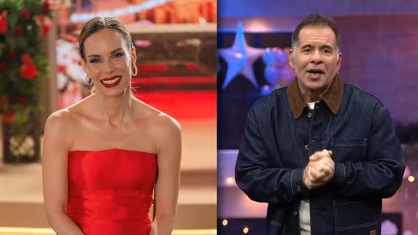 Ana furtado de vestido vermelho e sorridente, divide tela com leandro hassum
