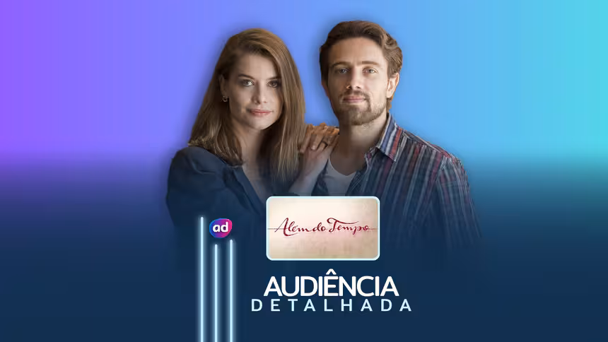 Alinne moraes e rafale cardoso ao lado do logo da novela além do tempo na arte de audiência detalhada