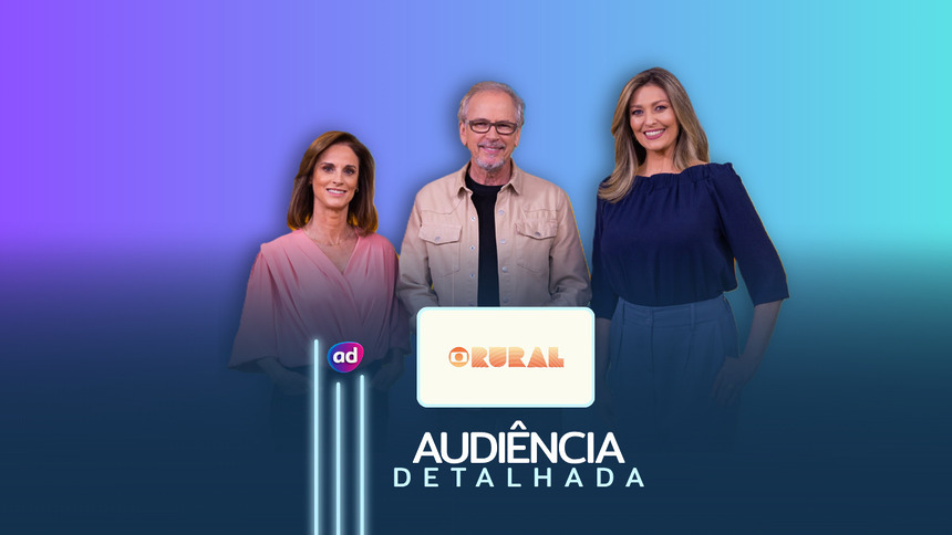 Helen Martins, Nélson Araújo e Cristina Vieira na arte de Audiência Detalhada do Globo Rural