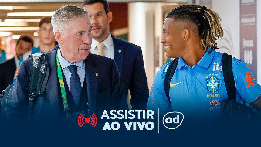 Ancelotti, ao lado de jogador brasileiro, na arte onde assistir ao jogo Brasil X Panamá