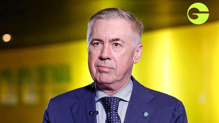 Carlo Ancelotti em foto posada, em arte da TV Gazeta