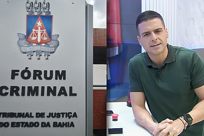Placa da sede do prédio do Fórum Criminal da Bahia que julga o caso do Golpe do Pix em montagem ao lado do apresentador Marcelo Castro, no cenário do Alô Juca