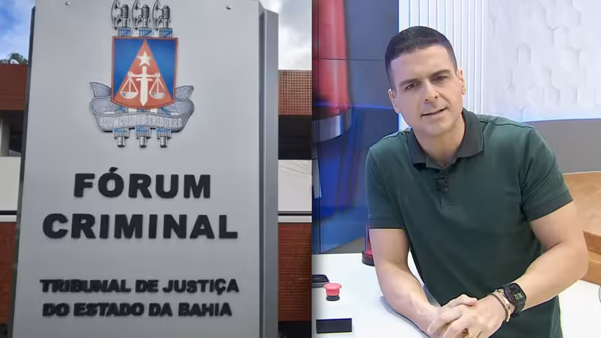 Placa da sede do prédio do Fórum Criminal da Bahia que julga o caso do Golpe do Pix em montagem ao lado do apresentador Marcelo Castro, no cenário do Alô Juca