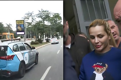 Comboio com carro branco descaracterizado levando Deolane por uma avenida de São Paulo