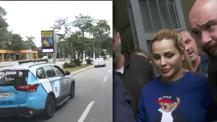Comboio com carro branco descaracterizado levando Deolane por uma avenida de São Paulo