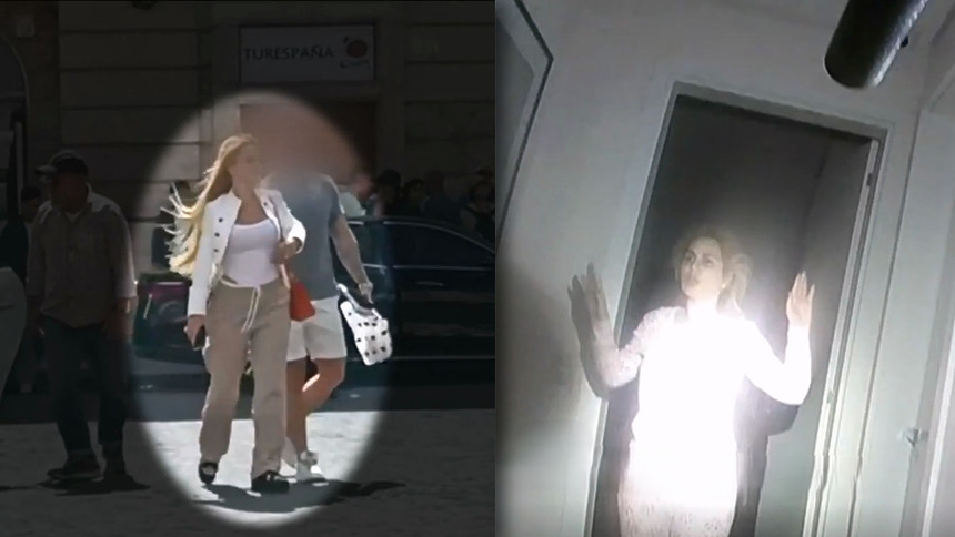 Montagem de duas imagens: Deolane anda pelas ruas da Itália sendo monitorada a distância pela Polícia e depois presa, vestindo pijama, assustada