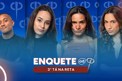 JP, Luiza, Morena e Nikita com semblantes tristes na arte da Enquete da Casa Do Patrao para o terceiro Tá Na Reta