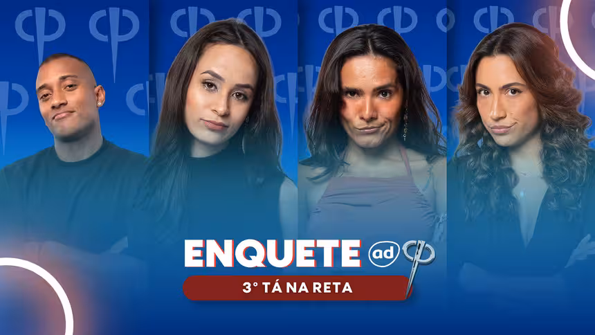 JP, Luiza, Morena e Nikita com semblantes tristes na arte da Enquete da Casa Do Patrao para o terceiro Tá Na Reta