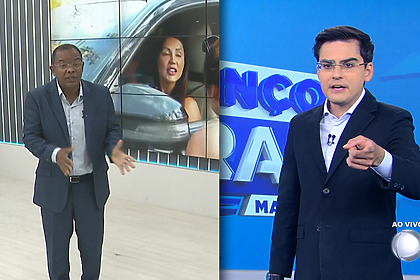 Evenilson Santana no estúdio do Balanço Geral Manhã PE em frente ao telão com imagem de Deolane Bezerra divide tela com Dudu Camargo no cenário do Balanço Geral Manhã PE