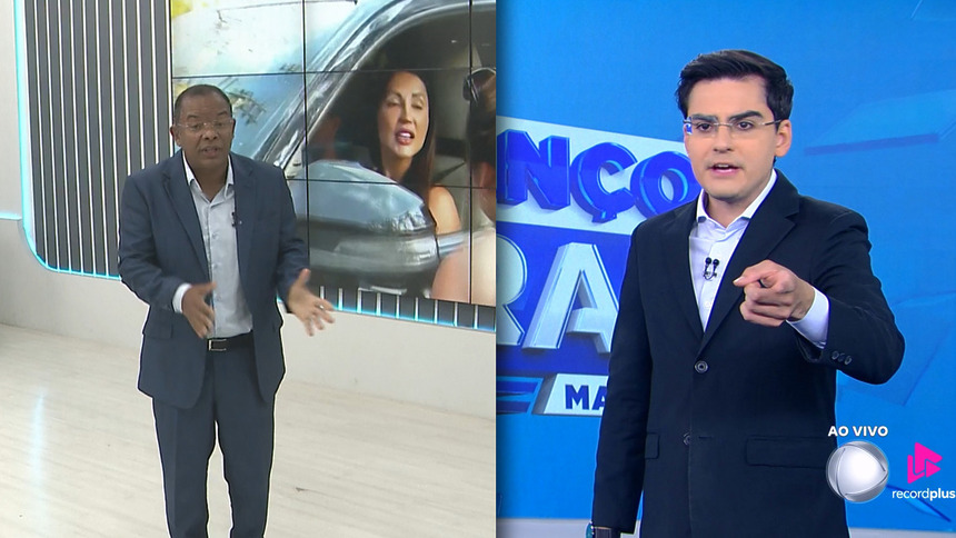 Evenilson Santana no estúdio do Balanço Geral Manhã PE em frente ao telão com imagem de Deolane Bezerra divide tela com Dudu Camargo no cenário do Balanço Geral Manhã PE