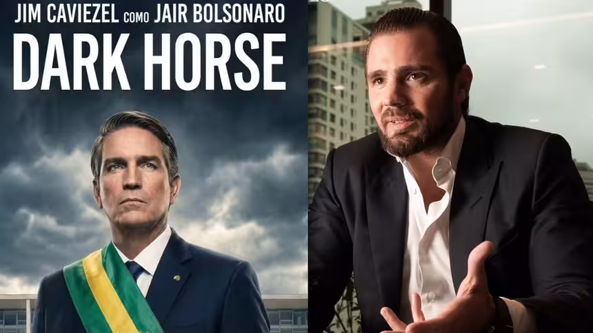 Pôster do filme 'Dark Horse' sobre Bolsonaro ao lado de Daniel Vorcaro