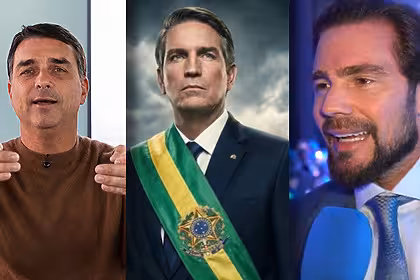 Flavio bolsonaro, jim caviezel e daniel vorcaro, lado a lado em montagem de imagens