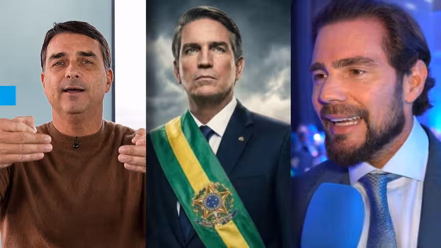 Flávio bolsonaro planejou jantar "totalmente reservado" entre vorcaro e ator de filme sobre jair bolsonaro 1 Flavio bolsonaro, jim caviezel e daniel vorcaro, lado a lado em montagem de imagens