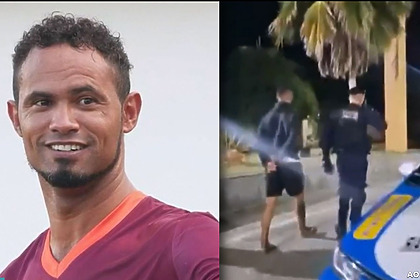 Goleiro Bruno sorridente no lado esquerdo da montagem e sendo levado por policiais no lado direito