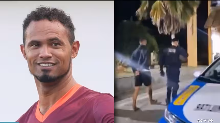 Goleiro Bruno sorridente no lado esquerdo da montagem e sendo levado por policiais no lado direito