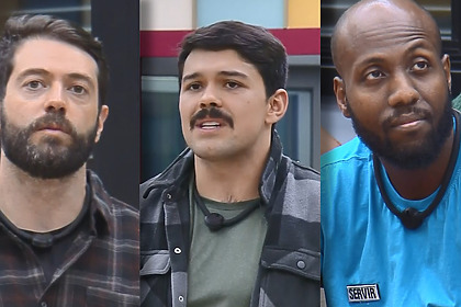 Jackson, Matheus e Vini na sala da Casa do Patrão pedem votos para ficar no quinto Tá na Reta