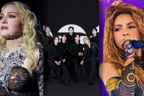 Madonna, bts e shakira em uma montagem